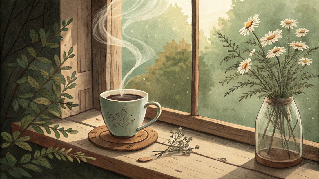 Dampfende Kaffeetasse auf einem Holzfensterbrett mit Wildblumen – Heart & Ground Slow Living