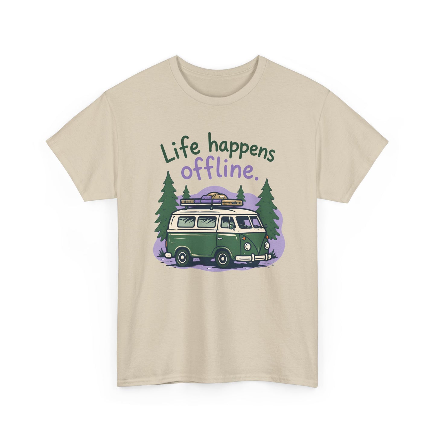 T-Shirt — "Life Happens Offline" Camper Van Graphic Tee (Outdoor/Vintage Van Lover Gift)