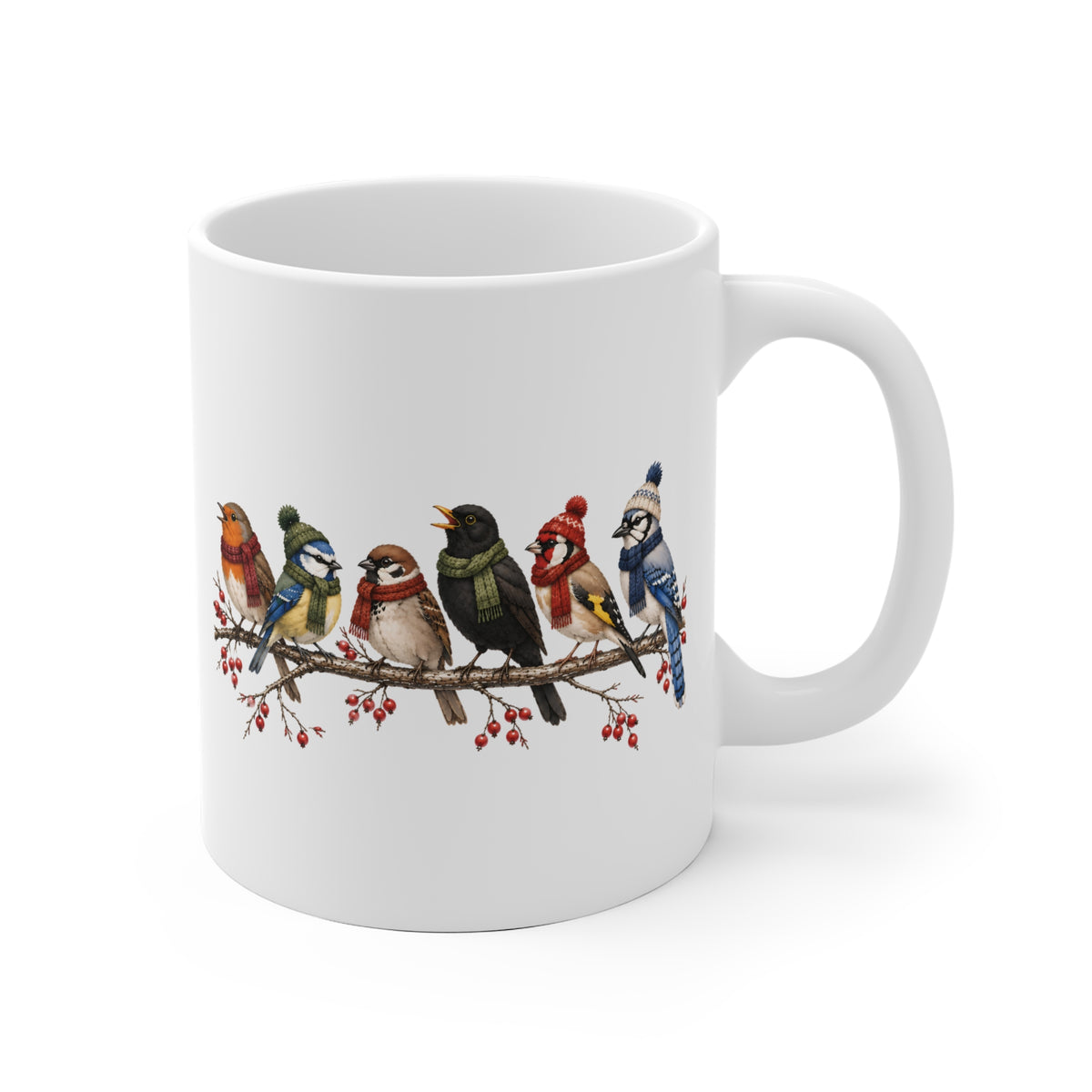 Wintervögel auf einem Ast – Keramikbecher