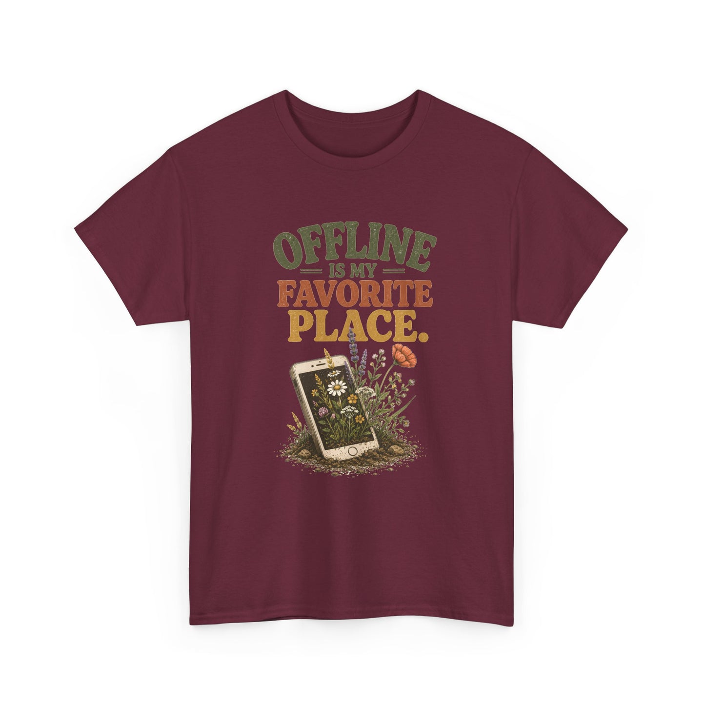 T-Shirt — "Offline Is My Favorite Place" Phone-In-Nature Graphic Tee