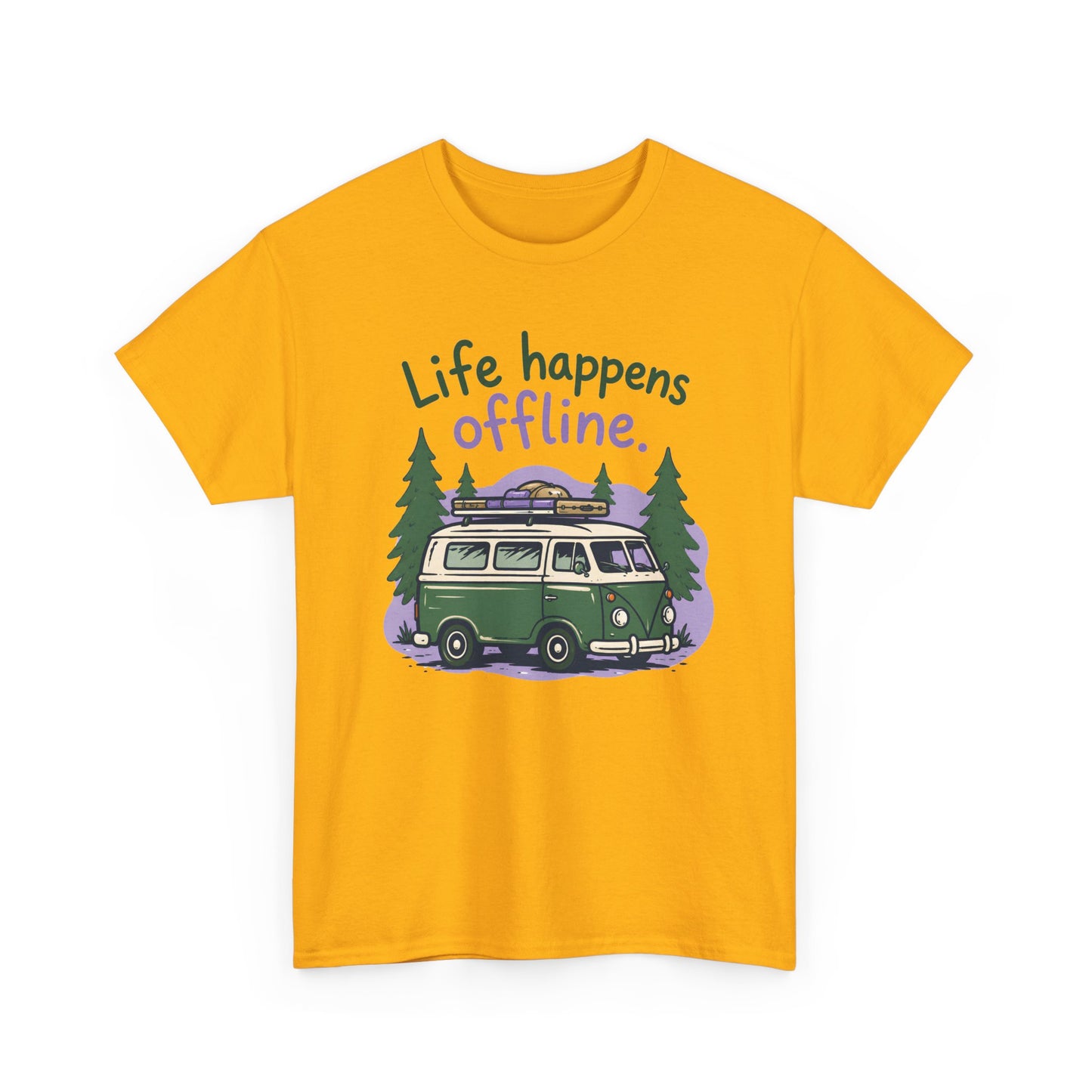 T-Shirt — "Life Happens Offline" Camper Van Graphic Tee (Outdoor/Vintage Van Lover Gift)