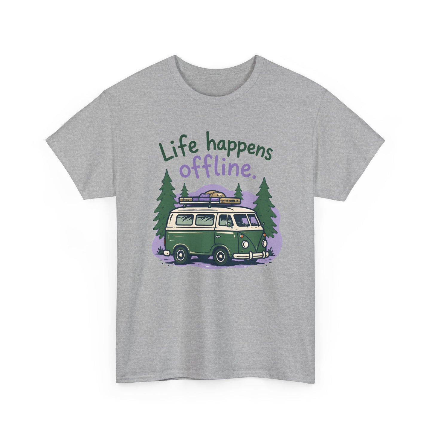 T-Shirt — "Life Happens Offline" Camper Van Graphic Tee (Outdoor/Vintage Van Lover Gift)