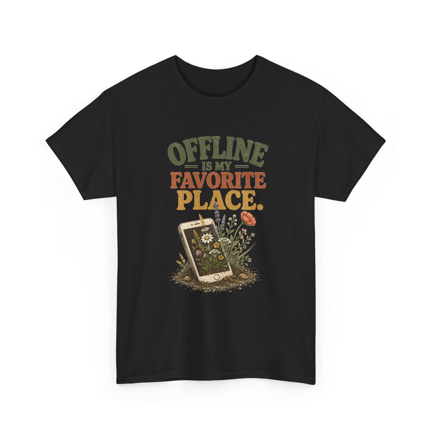 T-Shirt — "Offline Is My Favorite Place" Phone-In-Nature Graphic Tee
