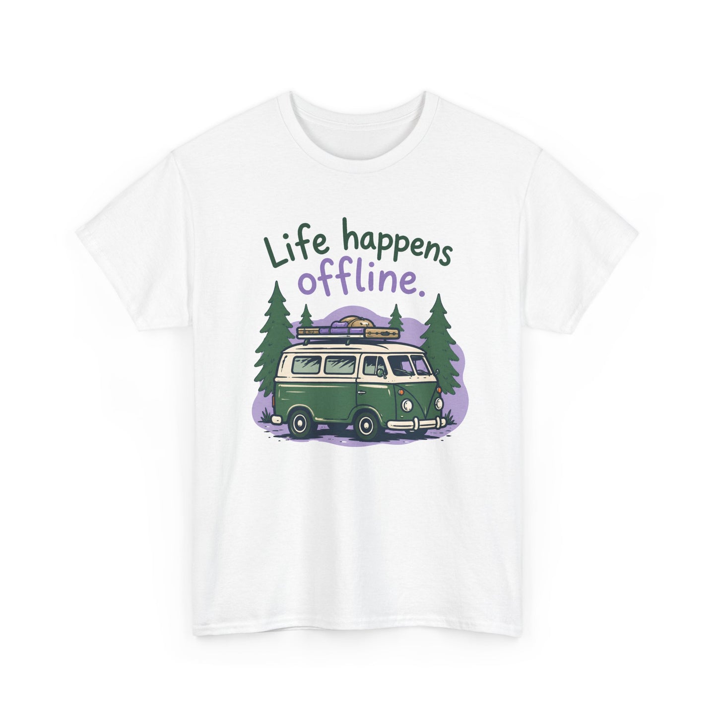 T-Shirt — "Life Happens Offline" Camper Van Graphic Tee (Outdoor/Vintage Van Lover Gift)