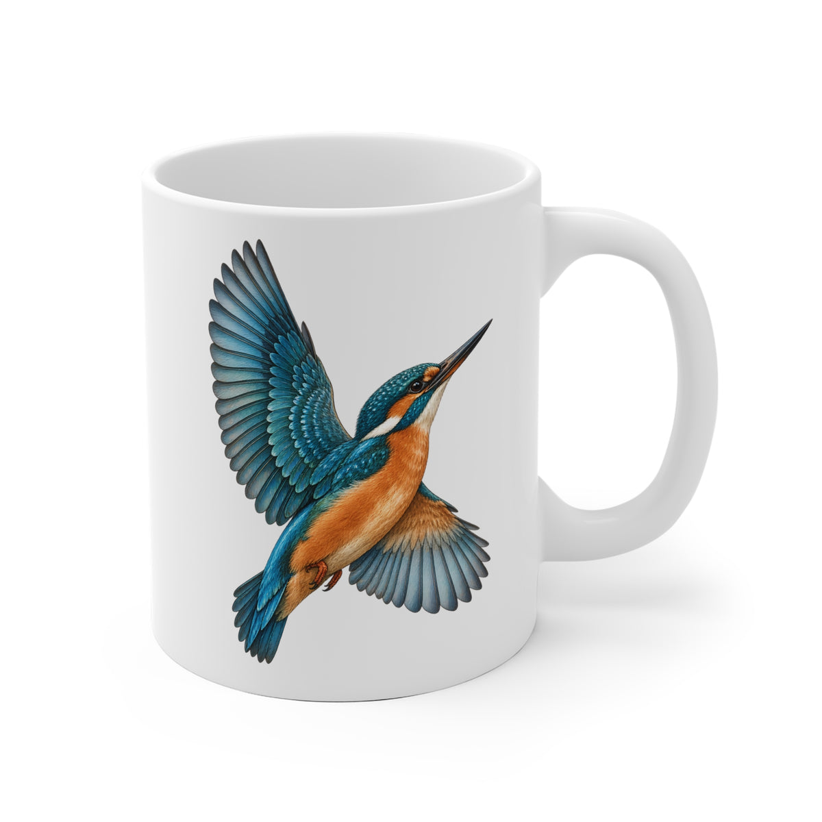 Eisvogel im Flug – Keramikbecher Weiß