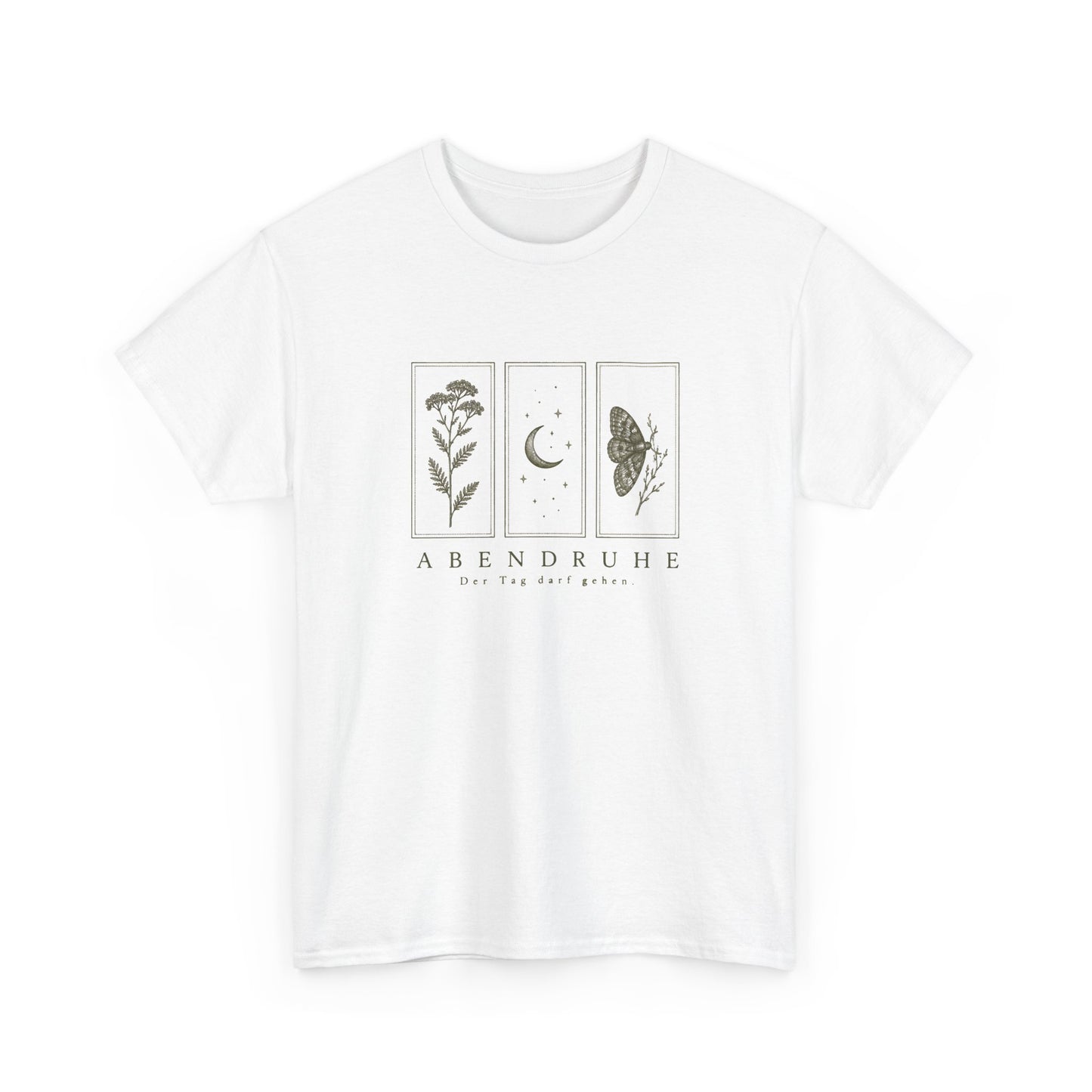 Abendruhe Floral Moon Tee — Minimal Botanical Moon & Moth Graphic T-Shirt