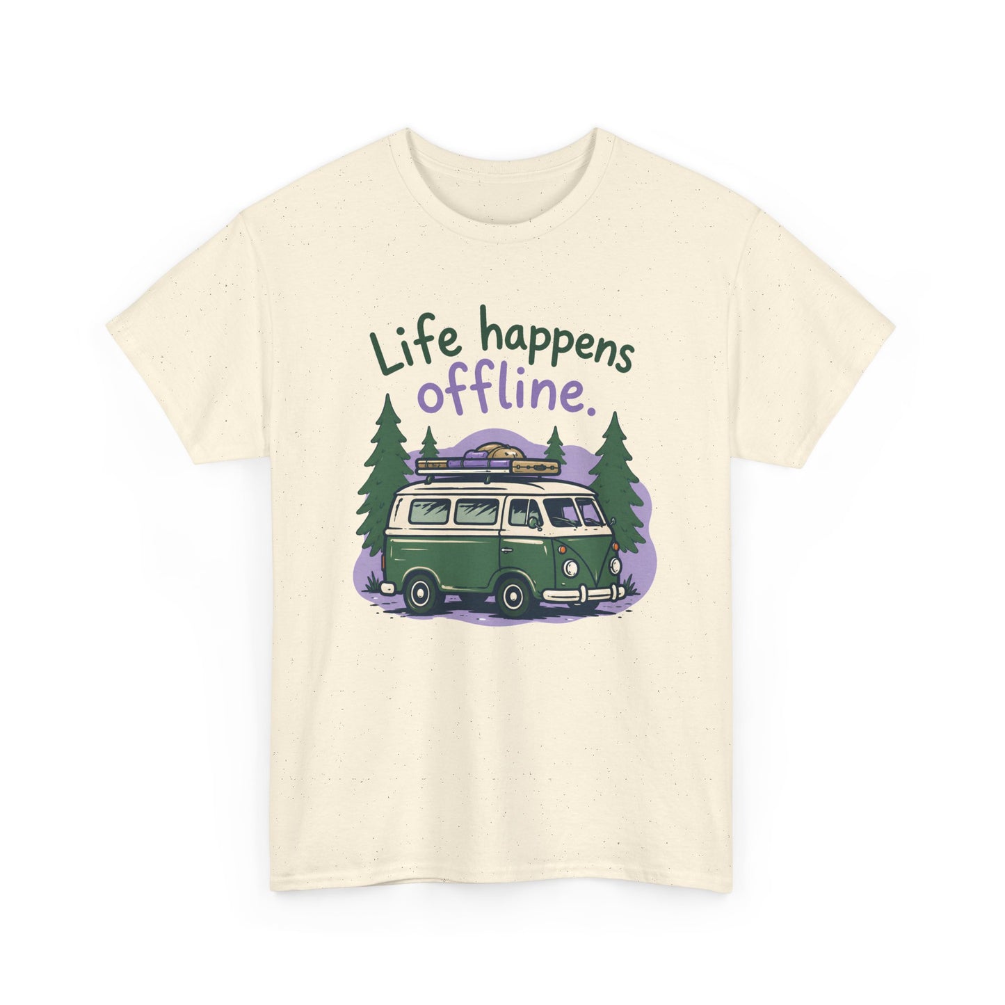 T-Shirt — "Life Happens Offline" Camper Van Graphic Tee (Outdoor/Vintage Van Lover Gift)