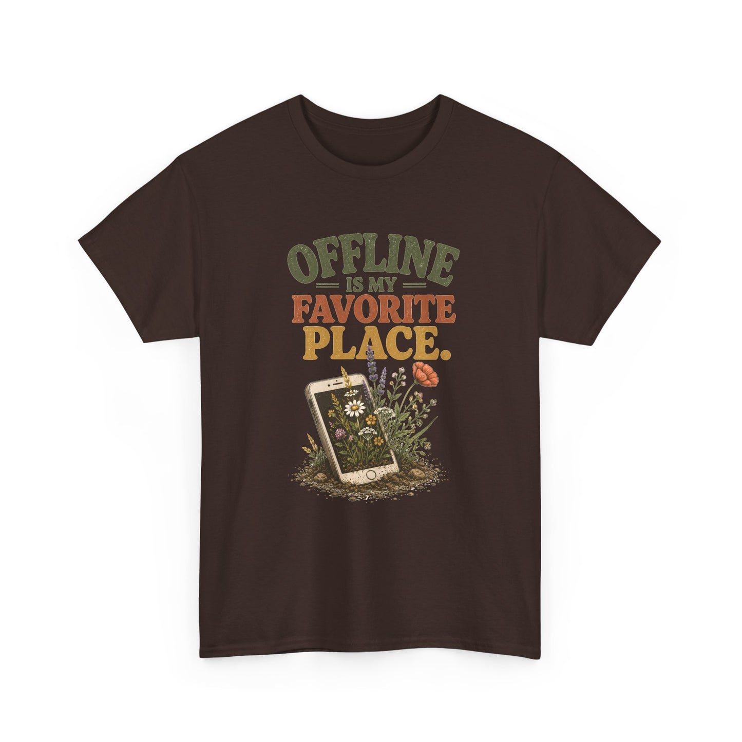 T-Shirt — "Offline Is My Favorite Place" Phone-In-Nature Graphic Tee