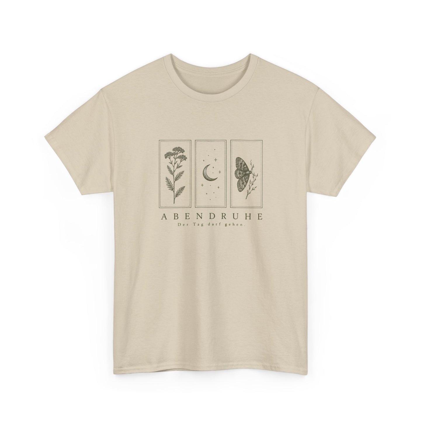 Abendruhe Floral Moon Tee — Minimal Botanical Moon & Moth Graphic T-Shirt