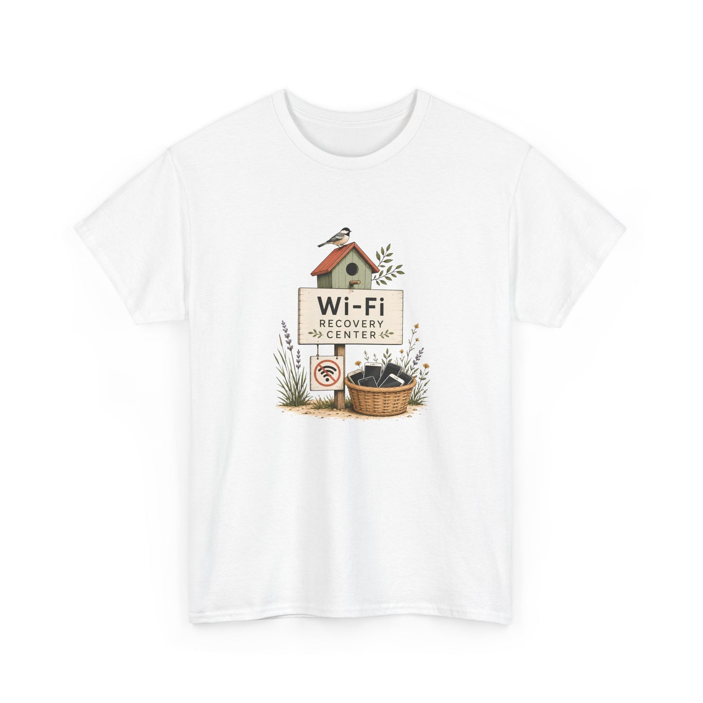Wi‑Fi Recovery Center T‑Shirt — Funny Internet Detox Tee with Birdhouse Graphic