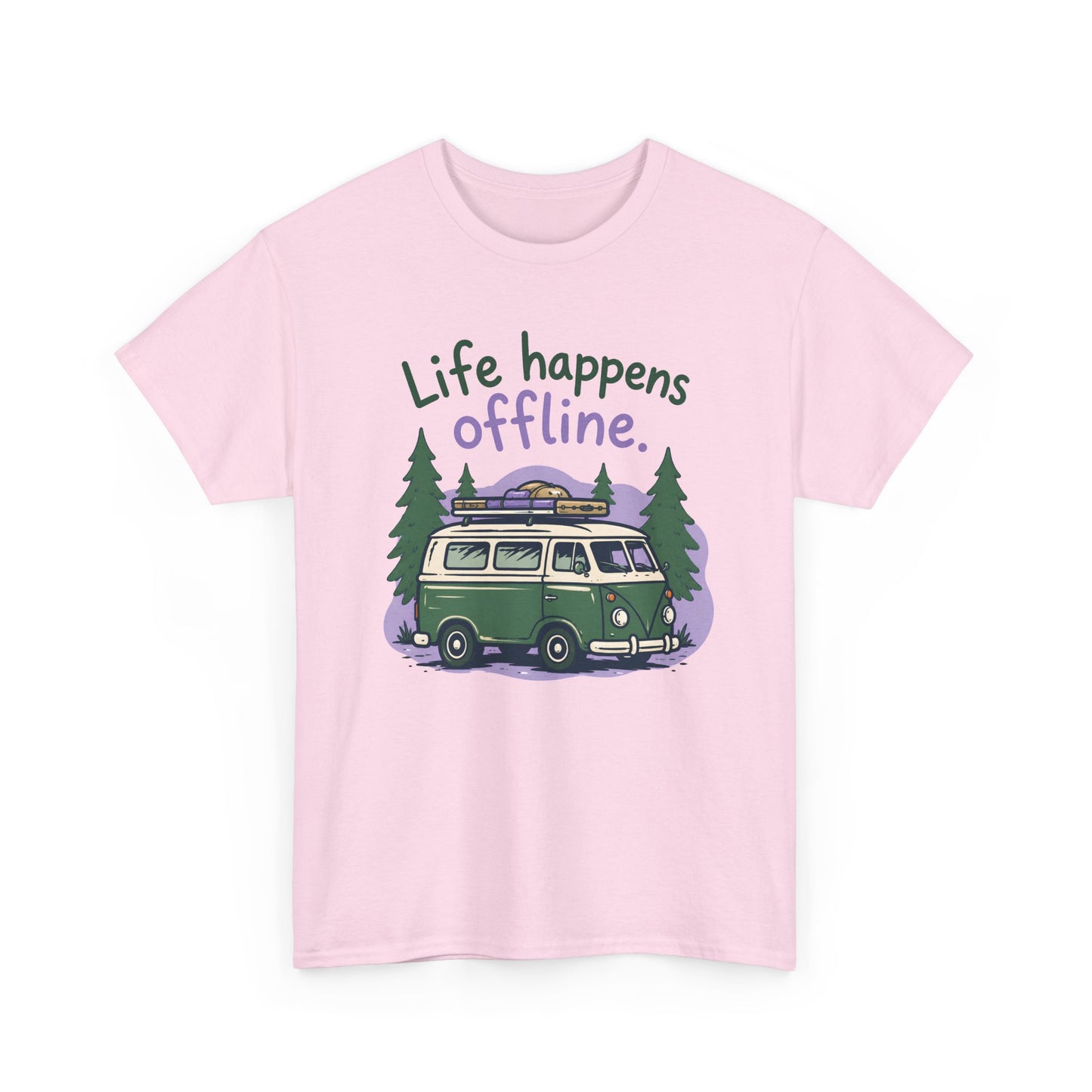 T-Shirt — "Life Happens Offline" Camper Van Graphic Tee (Outdoor/Vintage Van Lover Gift)