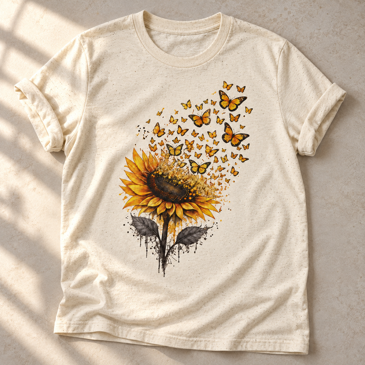 Sonnenblume und Schmetterlinge – Unisex Natur-T-Shirt