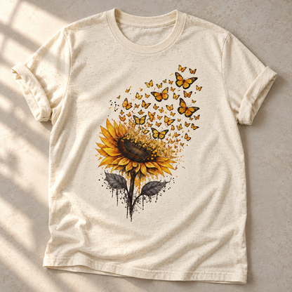 Sonnenblume und Schmetterlinge – Unisex Natur-T-Shirt