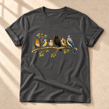 Vögel auf einem Ast – Gesamtansicht auf hellem Stein | color:dark heather