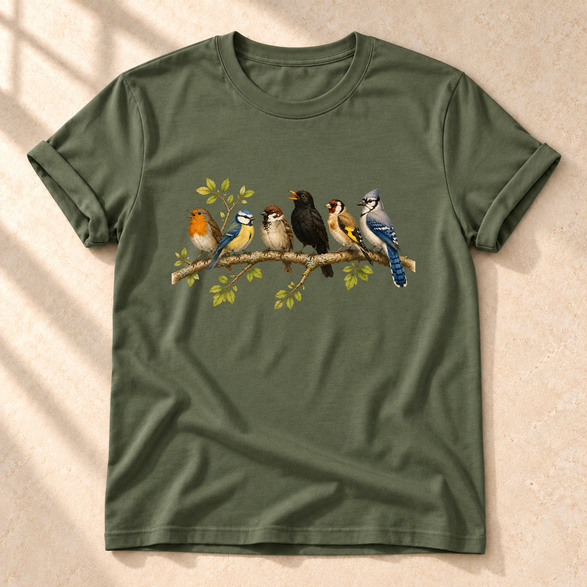 Vögel auf einem Ast – Gesamtansicht auf hellem Stein | color:military green