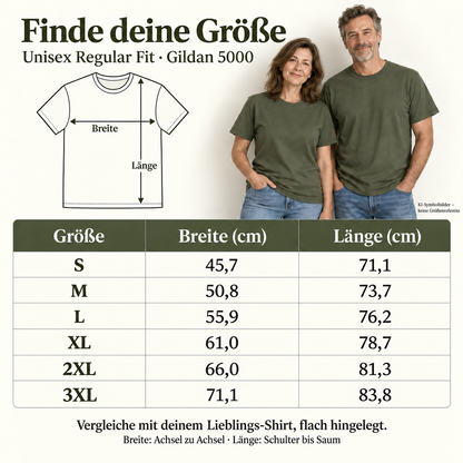 Größentabelle Gildan 5000 S bis 3XL – Breite und Länge in Zentimetern