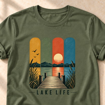 Lake Life – Unisex T-Shirt mit See-Motiv, military green, Detailaufnahme des Motivs | color:military green