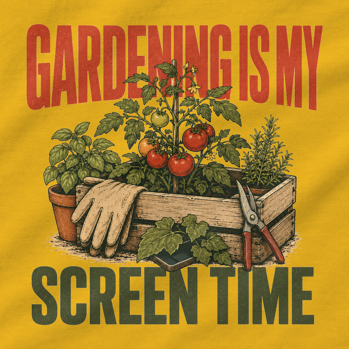 Gardening Is My Screen Time – T-Shirt Gold, Motiv im Detail | color:gold