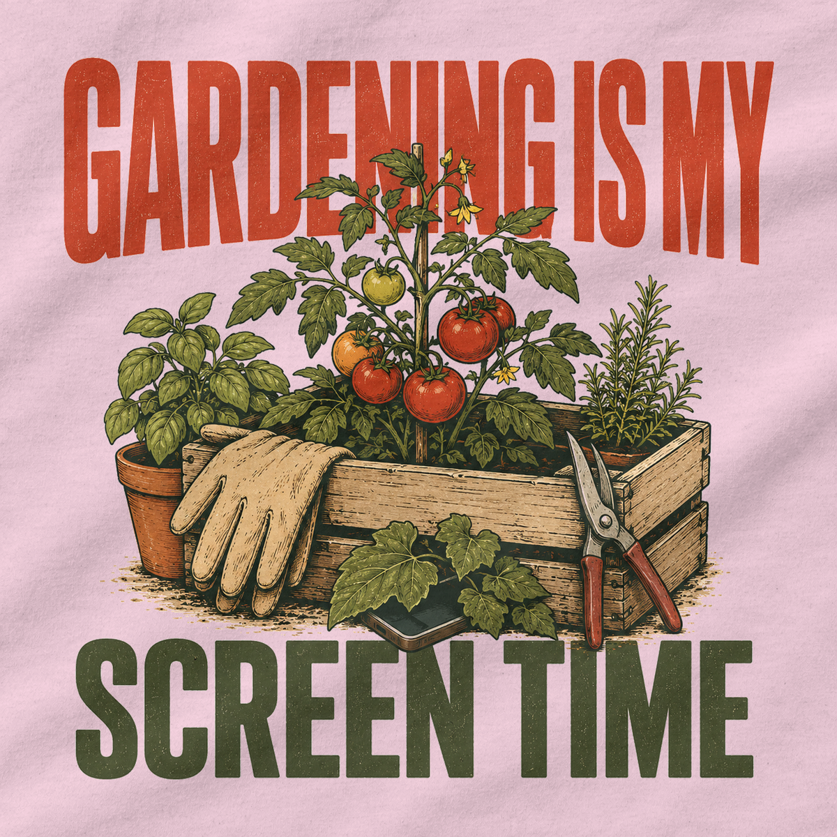 Gardening Is My Screen Time – T-Shirt Light Pink, Motiv im Detail | color:light pink