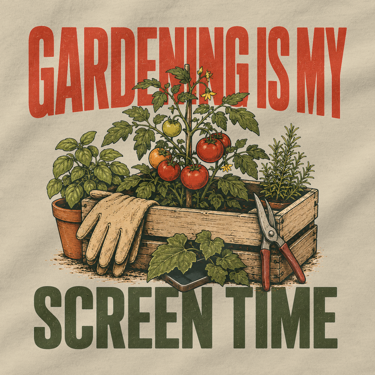 Gardening Is My Screen Time – T-Shirt Sand, Motiv im Detail | color:sand