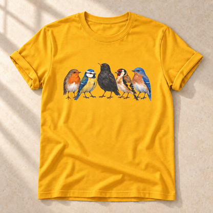 Bunte Vogelschar – Unisex Vogel-T-Shirt in Gold