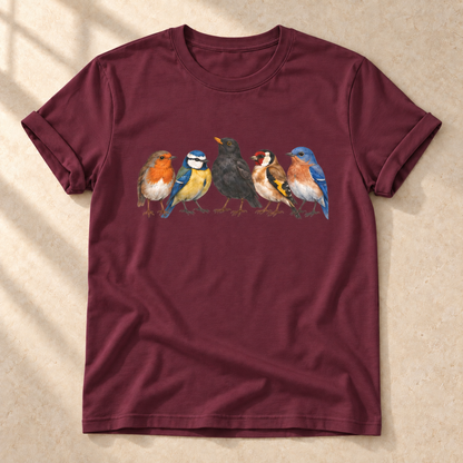 Bunte Vogelschar – Unisex Vogel-T-Shirt in Maroon