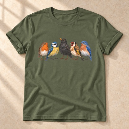 Bunte Vogelschar – Unisex Vogel-T-Shirt in Military Green