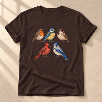 Gefiederte Freunde – Unisex Vogel-T-Shirt in Dark Chocolate