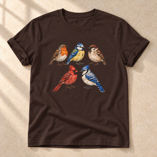 Gefiederte Freunde – Unisex Vogel-T-Shirt in Dark Chocolate