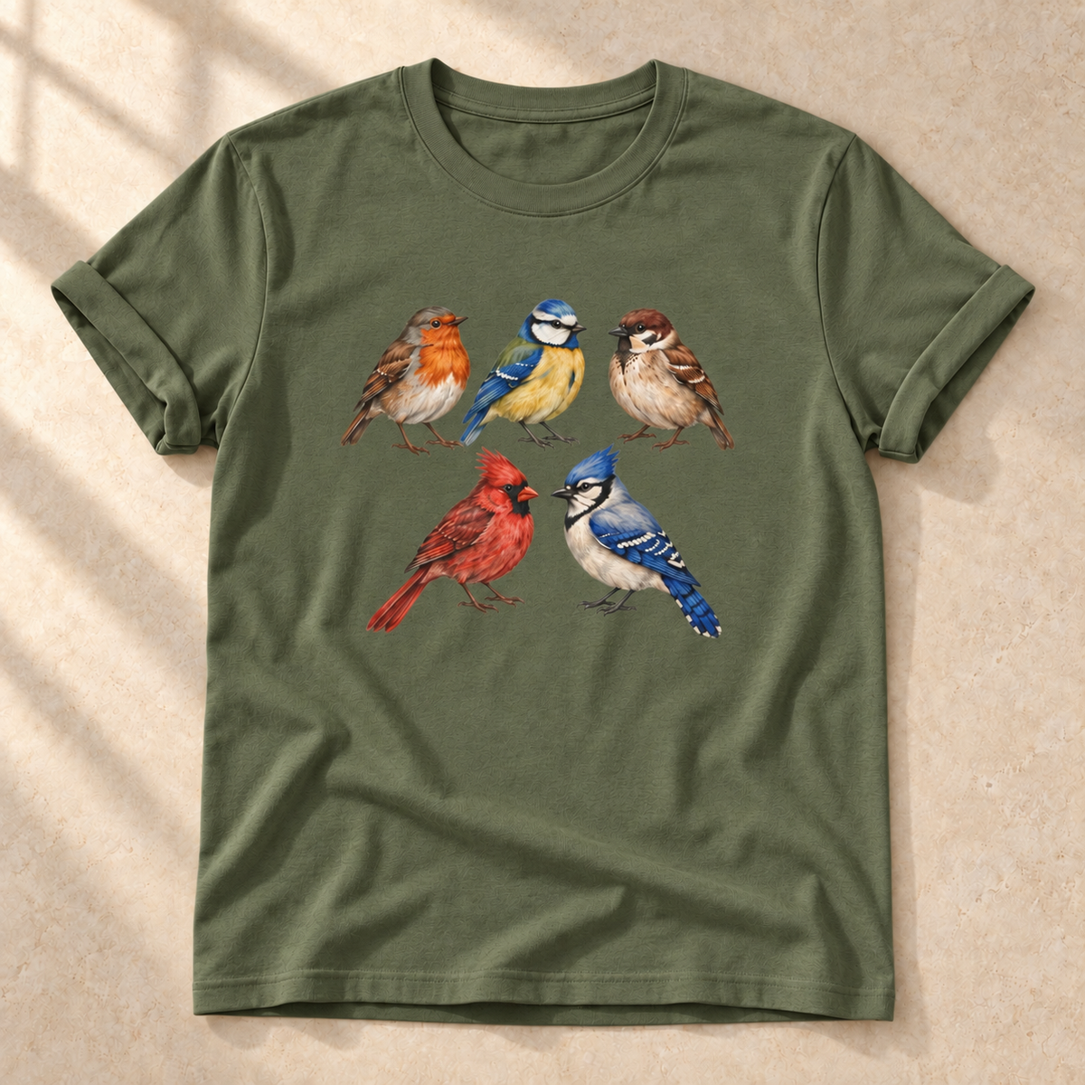 Gefiederte Freunde – Unisex Vogel-T-Shirt in Military Green