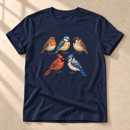 Gefiederte Freunde – Unisex Vogel-T-Shirt in Navy