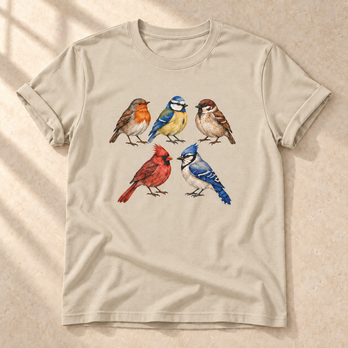 Gefiederte Freunde – Unisex Vogel-T-Shirt in Sand