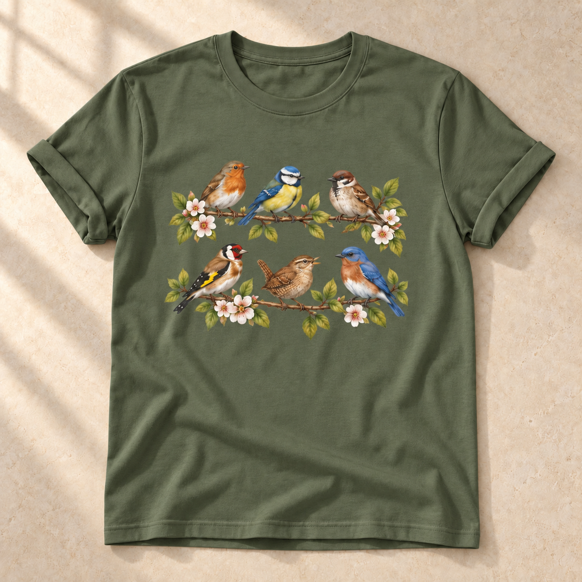 Vogelkonzert im Frühling – Unisex Vogel-T-Shirt in Military Green
