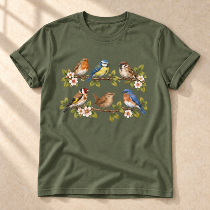 Vogelkonzert im Frühling – Unisex Vogel-T-Shirt in Military Green