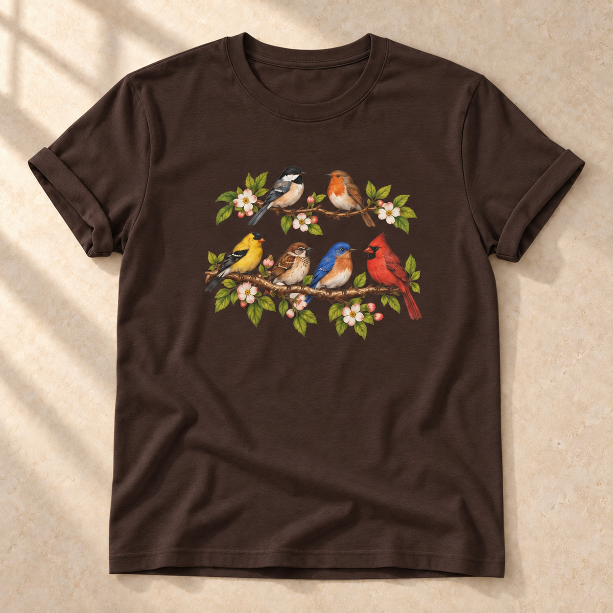 Vögel im Blütenzweig – Unisex Vogel-T-Shirt in Dark Chocolate