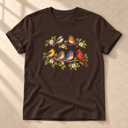 Vögel im Blütenzweig – Unisex Vogel-T-Shirt in Dark Chocolate
