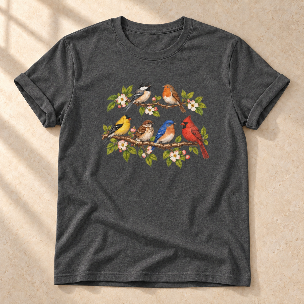 Vögel im Blütenzweig – Unisex Vogel-T-Shirt in Dark Heather