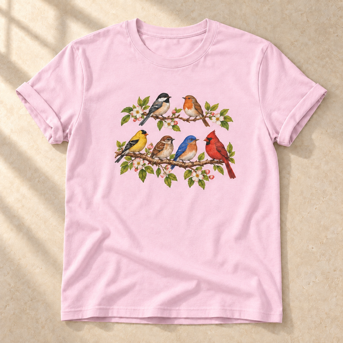 Vögel im Blütenzweig – Unisex Vogel-T-Shirt in Light Pink