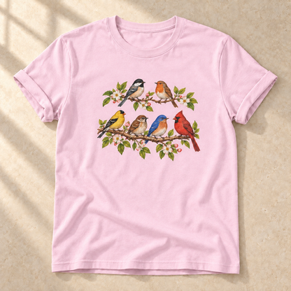 Vögel im Blütenzweig – Unisex Vogel-T-Shirt in Light Pink