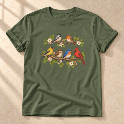 Vögel im Blütenzweig – Unisex Vogel-T-Shirt in Military Green
