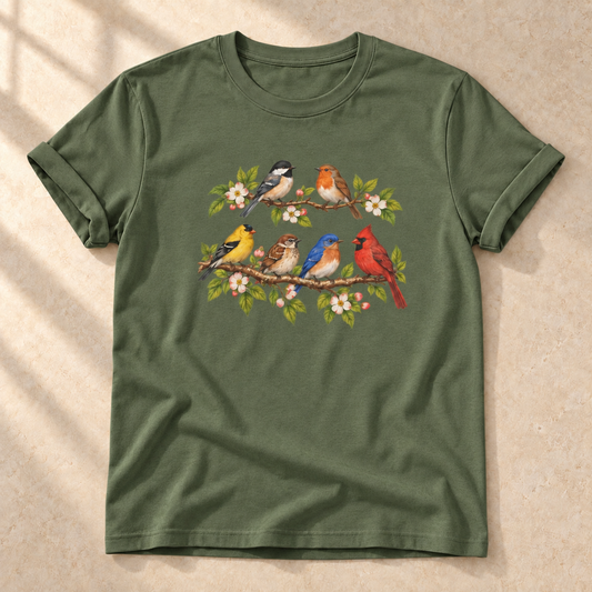 Vögel im Blütenzweig – Unisex Vogel-T-Shirt in Military Green