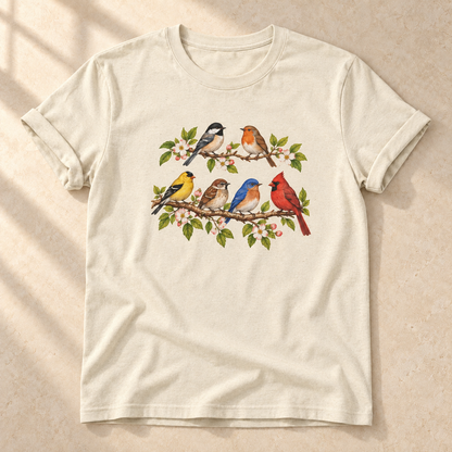 Vögel im Blütenzweig – Unisex Vogel-T-Shirt in Natural