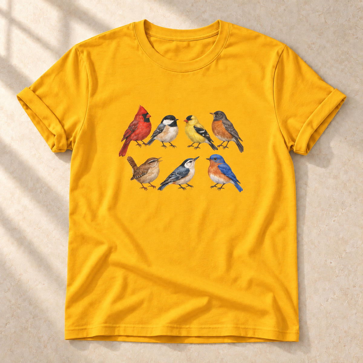 Sieben Singvögel – Unisex Vogel-T-Shirt in Gold