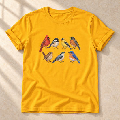 Sieben Singvögel – Unisex Vogel-T-Shirt in Gold