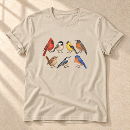 Sieben Singvögel – Unisex Vogel-T-Shirt in Sand