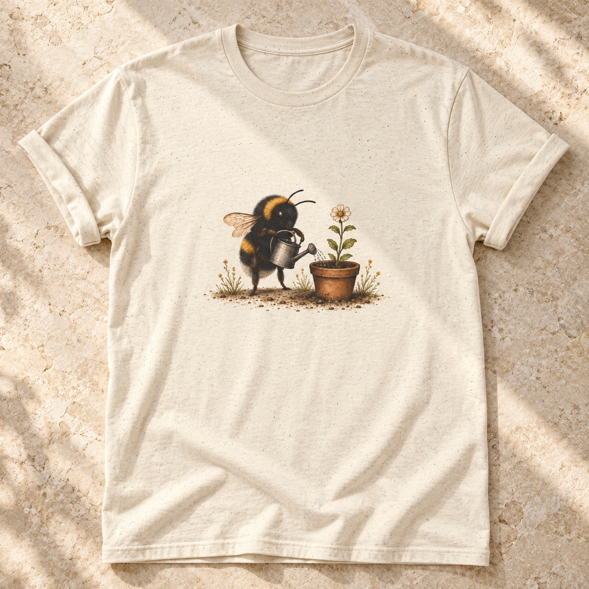 Biene mit Gießkanne – Unisex Garten-T-Shirt in Natural – natürliches Flatlay mit aufgekrempelten Ärmeln