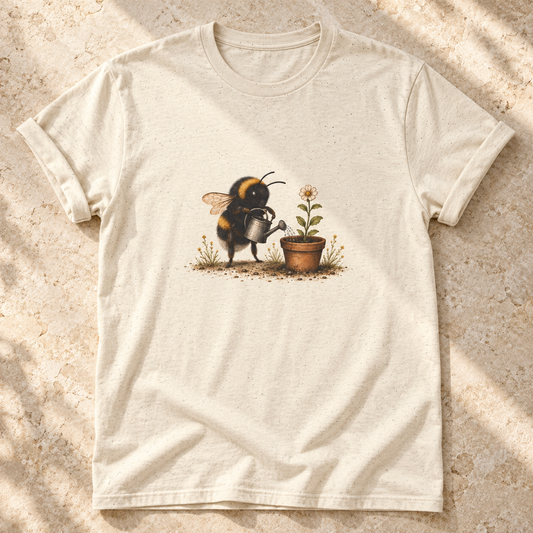 Biene mit Gießkanne – Unisex Garten-T-Shirt in Natural – natürliches Flatlay mit aufgekrempelten Ärmeln