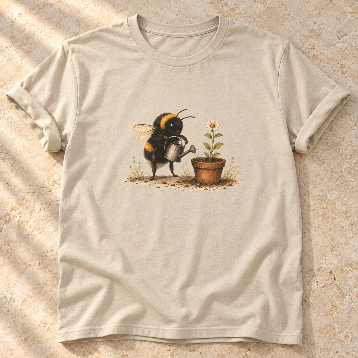 Biene mit Gießkanne – Unisex Garten-T-Shirt in Sand – natürliches Flatlay mit aufgekrempelten Ärmeln