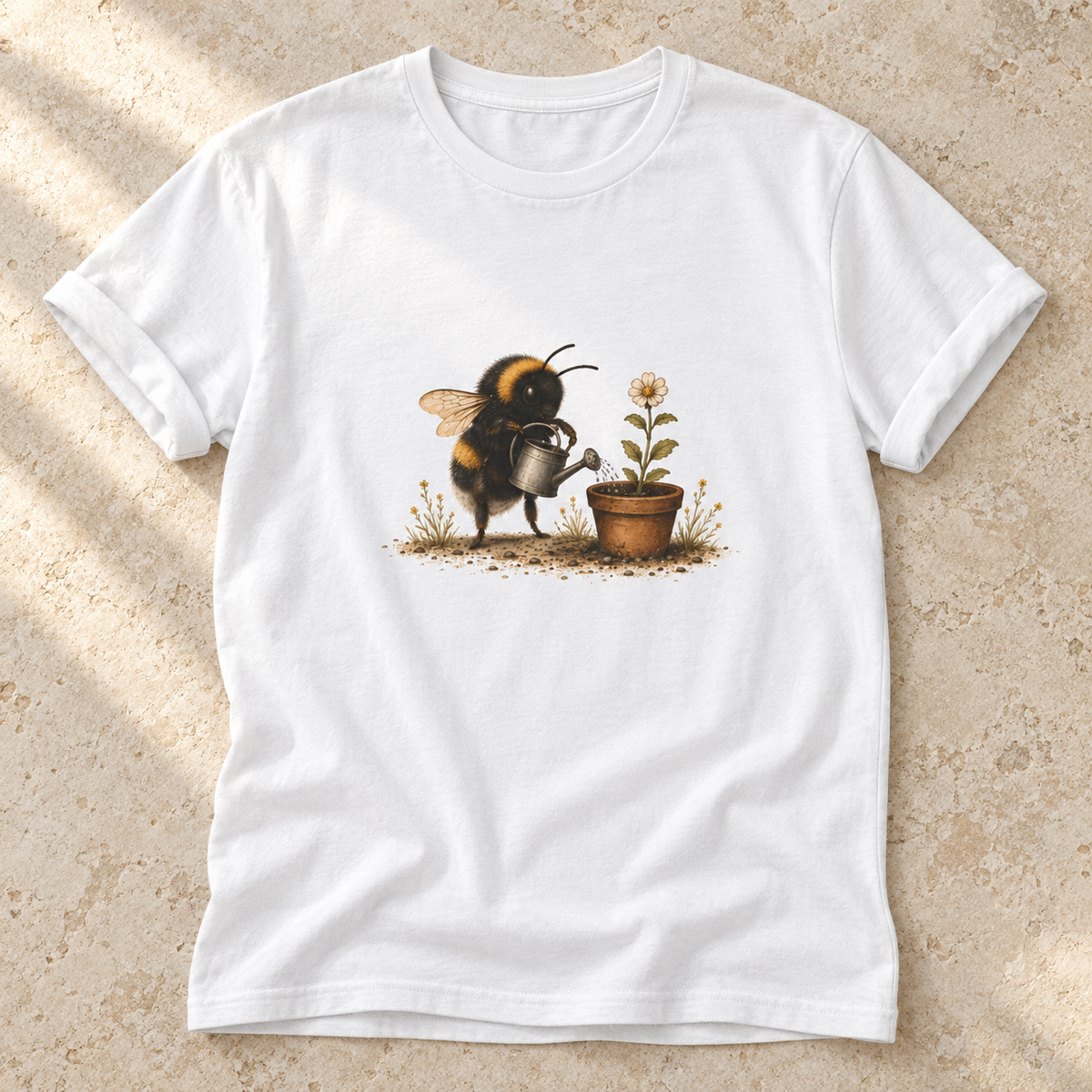 Biene mit Gießkanne – Unisex Garten-T-Shirt in White – natürliches Flatlay mit aufgekrempelten Ärmeln