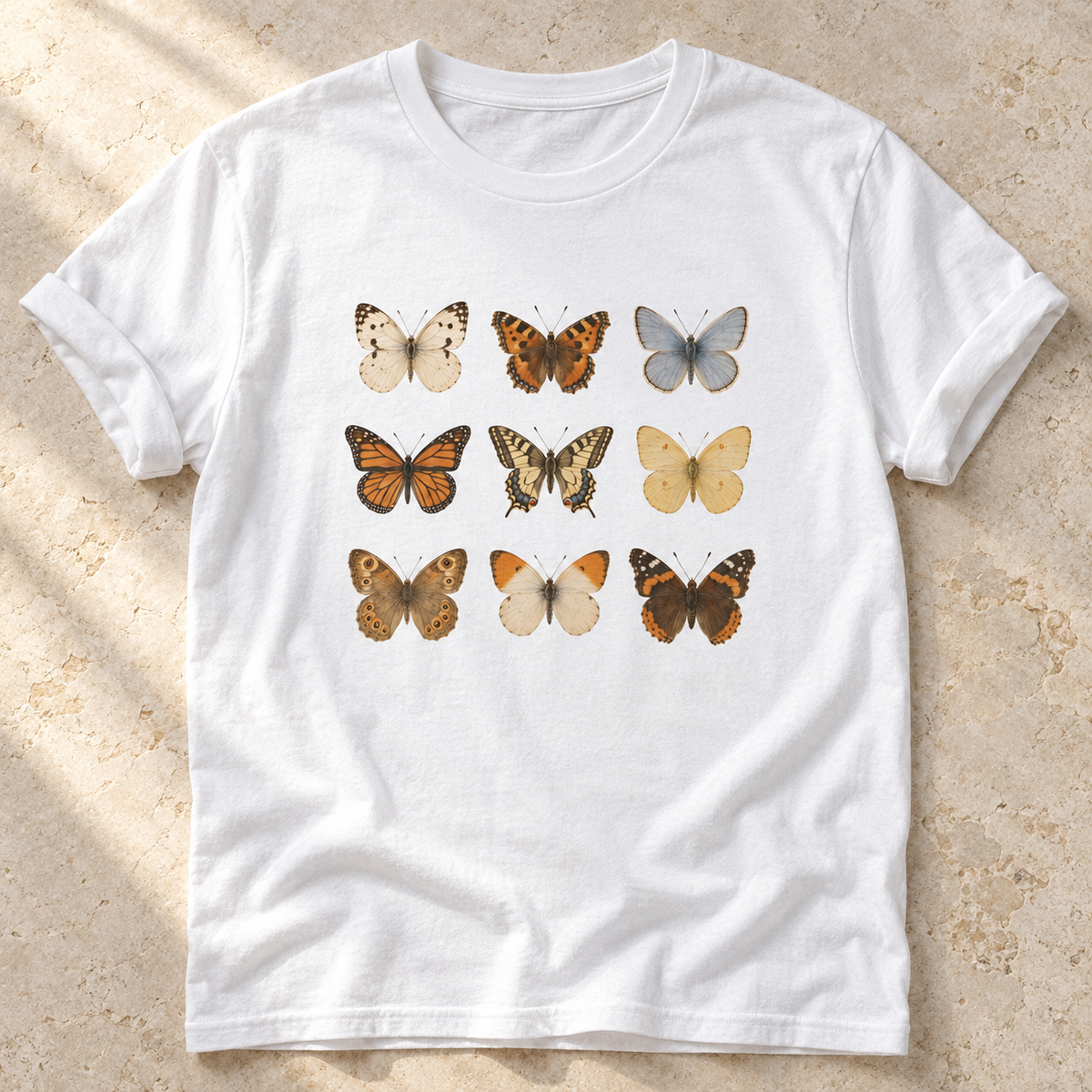 Schmetterlinge – Unisex Vintage-T-Shirt in White – natürliches Flatlay mit aufgekrempelten Ärmeln